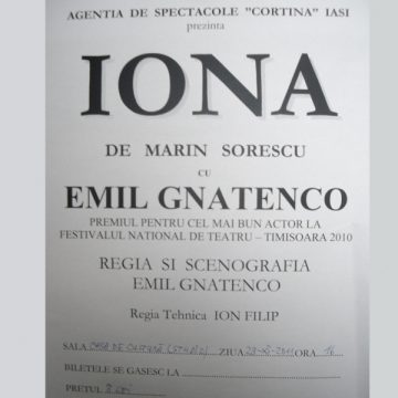 Sighetu Marmaţiei: Agenția de spectacole "Cortina" din Iași prezintă "IONA" de Marin Sorescu Sighetu Marmaţiei: Agenția de spectacole "Cortina" din Iași prezintă "IONA" de Marin Sorescu