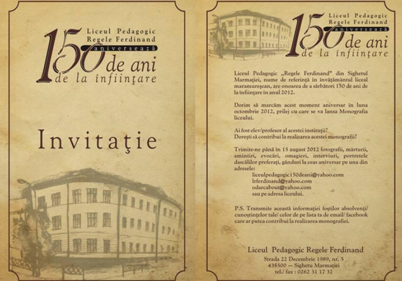 SIGHET: Povestea liceului "Regele Ferdinand" va fi prezentată într-o monografie care va fi lansată în luna octombrie de "Zilele Liceului" SIGHET: Povestea liceului "Regele Ferdinand" va fi prezentată într-o monografie care va fi lansată în luna octombrie de "Zilele Liceului"