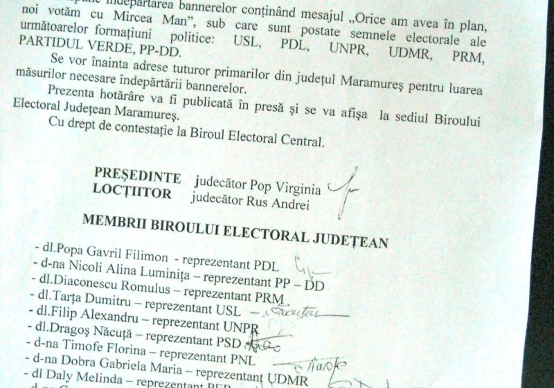 Baia Mare: Biroul Electoral de Circumscripţie Judeţeană Maramureş a decis îndepărtarea unor bannere electorale