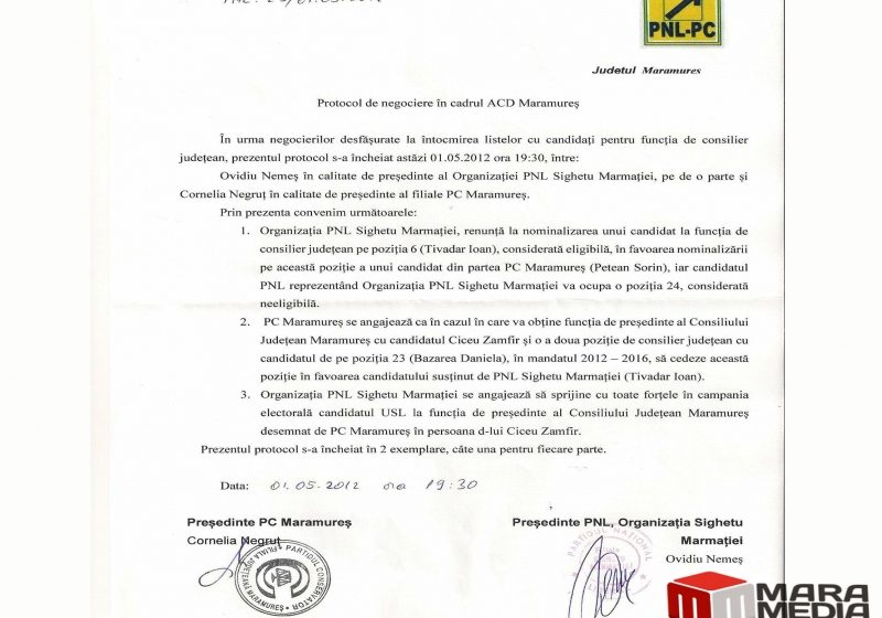 EXCLUSIV: Documentul prin care PC Maramureș se angajează să cedeze locul de consilier județean în favoarea PNL Sighet /FOTO