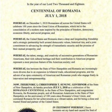 PROCLAMAŢIE: Cu ocazia Centenarului Marii Uniri, emisă de guvernatorul statului New Hampshire PROCLAMAŢIE: Cu ocazia Centenarului Marii Uniri, emisă de guvernatorul statului New Hampshire