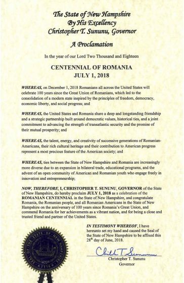 PROCLAMAŢIE: Cu ocazia Centenarului Marii Uniri, emisă de guvernatorul statului New Hampshire