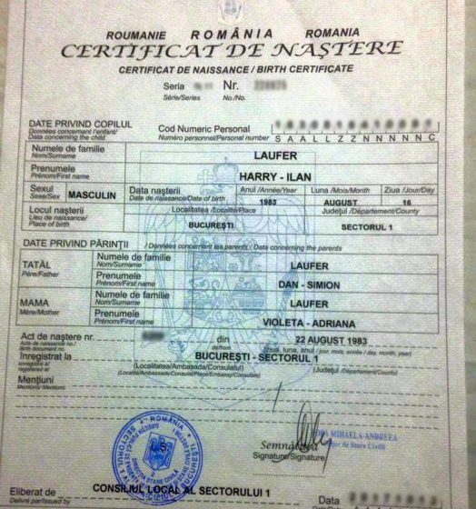 TRANSPARENȚĂ: Ilan Laufer și-a publicat certificatul de naștere pe Facebook