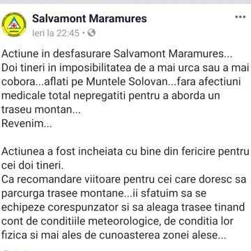 VIDEO | Doi turiști au fost salvați de pe Muntele Solovan de lângă Sighet VIDEO | Doi turiști au fost salvați de pe Muntele Solovan de lângă Sighet