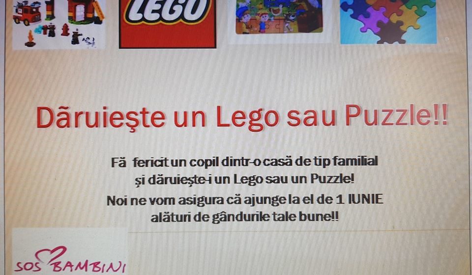 VIDEO | De 1 Iunie, fă fericit un copil dintr-o casă de tip familial și dăruiește un puzzle, un lego sau o carte VIDEO | De 1 Iunie, fă fericit un copil dintr-o casă de tip familial și dăruiește un puzzle, un lego sau o carte