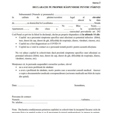 VIDEO | Declarație pe proprie răspundere pentru părinți. Cum arată documentul cu care elevii vor merge la școală