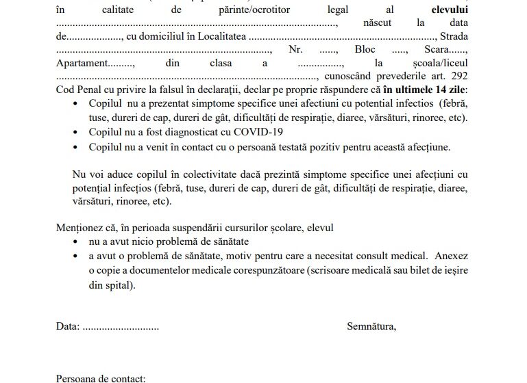 VIDEO | Declarație pe proprie răspundere pentru părinți. Cum arată documentul cu care elevii vor merge la școală