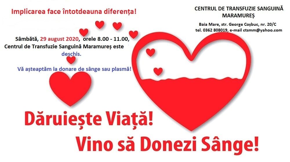 VIDEO | Maramureșenii sunt invitați să doneze sânge. Centrul de Transfuzie Sanguină Maramureș va fi deschis și sâmbătă, 29 august VIDEO | Maramureșenii sunt invitați să doneze sânge. Centrul de Transfuzie Sanguină Maramureș va fi deschis și sâmbătă, 29 august