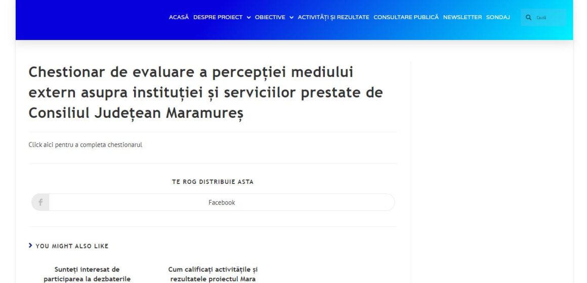 Cetățenii pot completa un chestionar de evaluare a percepției asupra instituției și serviciilor prestate de Consiliul Județean Maramureș Cetățenii pot completa un chestionar de evaluare a percepției asupra instituției și serviciilor prestate de Consiliul Județean Maramureș