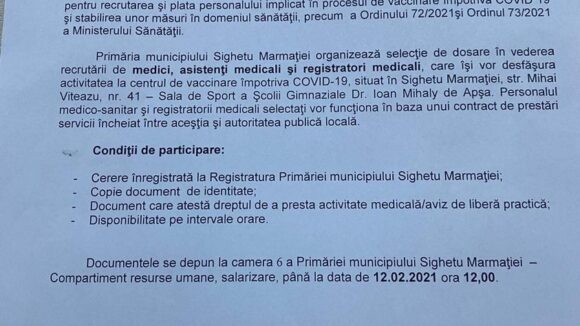 VIDEO | Se recrutează personal medical pentru buna funcționarea a unui nou centru de vaccinare anti Covid-19, la Sighetu Marmației VIDEO | Se recrutează personal medical pentru buna funcționarea a unui nou centru de vaccinare anti Covid-19, la Sighetu Marmației