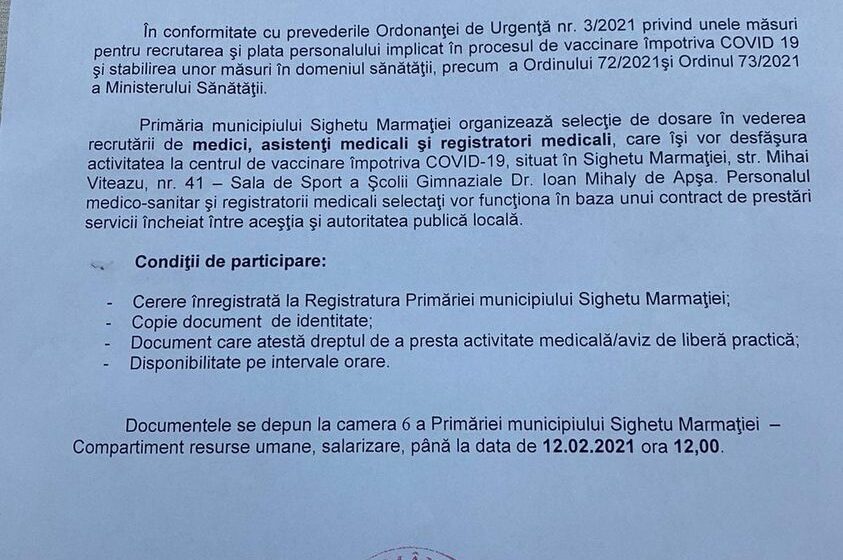 VIDEO | Se recrutează personal medical pentru buna funcționarea a unui nou centru de vaccinare anti Covid-19, la Sighetu Marmației