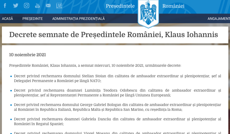 Cinci ambasadori au fost rechemați în țară de Klaus Iohannis