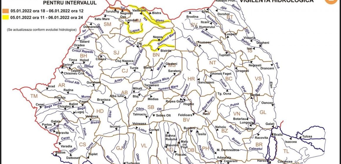 Avertizare hidrologică de cod galben și cod portocaliu pe râurile din bazinele hidrografice din Maramureș Avertizare hidrologică de cod galben și cod portocaliu pe râurile din bazinele hidrografice din Maramureș