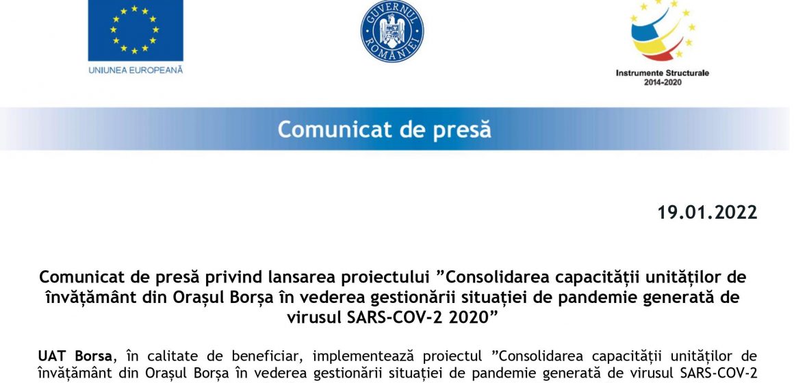 Comunicat de presă | Se lansează proiectul ”Consolidarea capacității unităților de învățământ din Orașul Borșa în vederea gestionării situației de pandemie generată de virusul SARS-COV-2 2020”