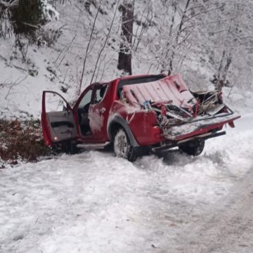 Un copac ajuns din pădure pe drumul județean spre Izvoare, a lovit un autoturism