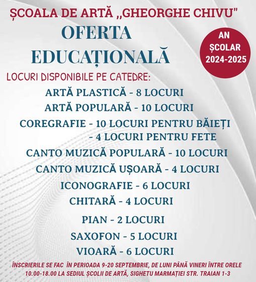 ȘCOALA DE ARTĂ ”GHEORGHE CHIVU”: Ofertă educațională, locuri disponibile ȘCOALA DE ARTĂ ”GHEORGHE CHIVU”: Ofertă educațională, locuri disponibile