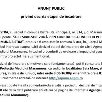COMUNA BISTRA: Anunț public privind decizia etapei de încadrare COMUNA BISTRA: Anunț public privind decizia etapei de încadrare
