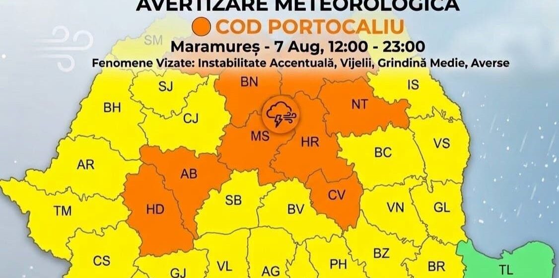 AVERTIZARE METEOROLOGICĂ: Cod portocaliu de instabilitate atmosferică accentuată, intensificări ale vântului, vijelii puternice