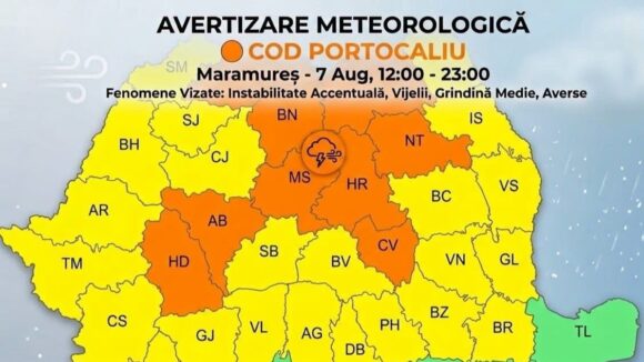 AVERTIZARE METEOROLOGICĂ: Cod portocaliu de instabilitate atmosferică accentuată, intensificări ale vântului, vijelii puternice