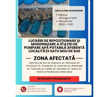 VITAL- LUCRĂRI PROGRAMATE la Stația de pompare apă potabilă din Satu Nou de Sus, miercuri, 5 august VITAL- LUCRĂRI PROGRAMATE la Stația de pompare apă potabilă din Satu Nou de Sus, miercuri, 5 august