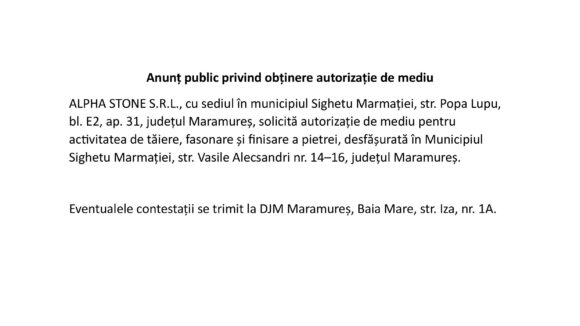 ANUNȚ PUBLIC privind obținere autorizație de mediu